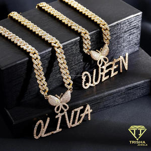Premium Moissanite Diamond AURORA Nameplate Necklace With Brilliant Iced Letter Pendant <b>Butterfly</b> <b>Charm</b> Cuban Link Chain - Product Image 6
