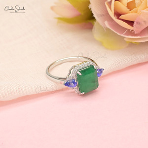 แหวนค็อกเทลประดับมรกตและแทนซาไนต์ พร้อมส่ง ทำจากทองคำขาว 14k ประดับเพชร ดีไซน์สไตล์อาร์ตเดโค ของขวัญสำหรับผู้หญิง - Product Image 4
