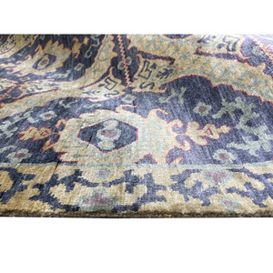 Tapis en laine noué à la main, motif médaillon bleu et or, tapis oriental, résistant aux plis, à poils ras et fins, pour salon moderne - Product Image 6
