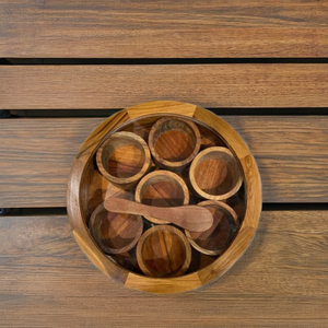 Caja de Especias Redonda de Madera de Palisandro Hecha a Mano, con Tapa de Vidrio Transparente, 7 Contenedores, 1 Cuchara, Hecho a Mano, Venta al Por Mayor - Product Image 5