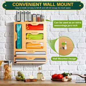 Organizzatore per cassetti da cucina 6 in 1 in bambù con dispenser per pellicola trasparente e sacchetti per alimenti, contenitore per la conservazione - Product Image 3