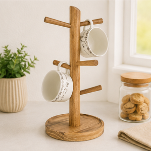 Modern Minimalist Wooden Mug Holder <b>Tree</b>, Rustic Farmhouse Coffee Cup <b>Stand</b> With Multi-Directional Branches Space-Saving Display - Product Image 2