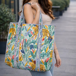 Large <b>Boho</b> Quilted Cotton Shoulder Tote <b>Bag</b> for Women Washable Block Print Luggage Tote on Sale for Grocery Shopping - Product Image 1