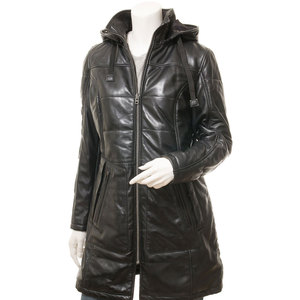 <b>Women</b> Genuine <b>Leather</b> Quilted Hooded <b>Long</b> <b>Jacket</b> Full Sleeve Zipper Closure Winter Outerwear OEM Wholesale Supplier - Product Image 1