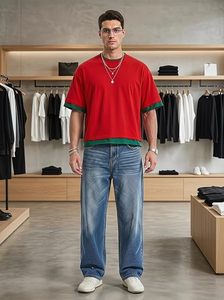 Men's <b>Red</b> <b>Oversized</b> T-<b>Shirt</b> with Front Logo Green Contrast Trim Short Sleeve O-Neck Casual Knitted Cotton Fit - Product Image 5