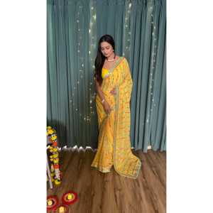 Hermoso Sari Amarillo con Hilo y Espejo de Papel para Fiestas, Talla M, Marca FB de Party Supplies - Product Image 4