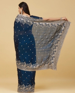 Sari de satén bordado estilo Bollywood KV (azul) - Product Image 2