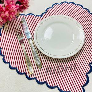 Red Stripe Placemats with Blue Embroidered Scalloped Edge Heart Shape Reusable Bulk Linen <b>Table</b> <b>Mats</b> for Hotel Weddings & Events - Product Image 2