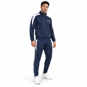 Ensemble de survêtement bleu marine pour homme avec fermeture éclair intégrale, bande blanche, logo personnalisé, style sportif, en polyester, pour l'automne - Product Image 6