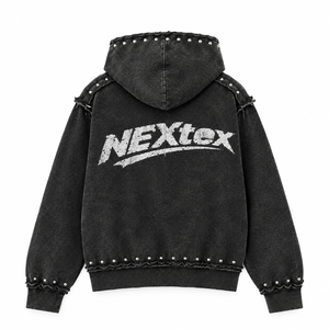 Sudadera con capucha negra para hombre con cremallera, diseño de bloques de color y hombros a cuadros, corte regular, estilo oversize, de punto - Product Image 4