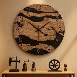 Horloge murale ronde en bois, design géométrique abstrait, quartz silencieux, style rustique, décoration de salon - Product Image 1