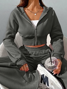 Survêtement gris à capuche pour femme, manches longues, couleur unie, sweat-shirt décontracté, pantalon à taille élastique, respirant, poids moyen, pour le jogging - Product Image 4
