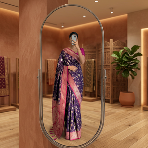 <b>Purple</b> Silk <b>Saree</b> With Pink Border Floral Print Traditional Indian Wedding Wear For Women - Product Image 4