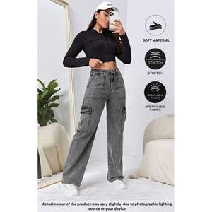 Jean cargo gris taille haute Y2K pour femme en denim extensible avec multiples poches, coupe droite, style streetwear décontracté - Product Image 3