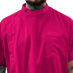 Pink Short Sleeve Barber Shirt with Chest Pocket and <b>Stand</b> Collar for Men - Product Image 5