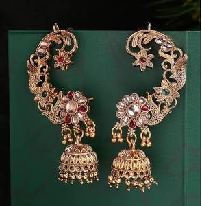 Luxury Gold Plated Certified Kundan <b>Ear</b> <b>Cuff</b> Jhumka <b>Earrings</b> Women Indian Bridal Wedding Jewelry Peacock Pearl Drop Style Ethnic - Product Image 1