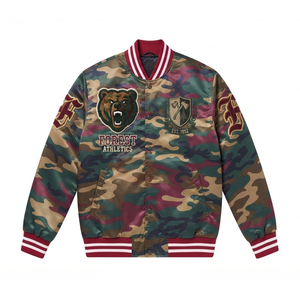 Blouson Bomber Universitaire Personnalisé en Satin avec Broderie Frontale, Motifs Camouflage et Patchwork, pour Équipes Collégiales, Unisexe - Product Image 2