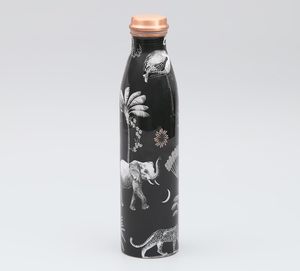 Botella de Agua de Cobre, Diseño Bohemio Negro, Portátil, para Viajes, con Patrón de Elefante y Palmera, Acabado Negro - Product Image 2