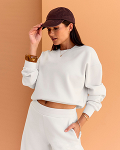 Sweat-shirt à col rond pour femme, couleur crème, coupe classique, 100% coton, tricoté, couleur unie, décontracté, pour l'automne - Product Image 5