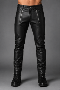 Men's Premium Genuine Leather <b>Vintage</b> Fit Black <b>Pants</b> Anti-Wrinkle Windproof Midweight Flat Front Side Pockets Custom OEM - Product Image 3