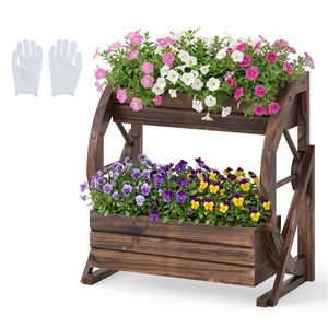 Fioriera Decorativa Verticale a 2 Livelli con Finitura Bruciata e Ruote, con Drenaggio, Ideale per Matrimoni e Hotel - Product Image 1