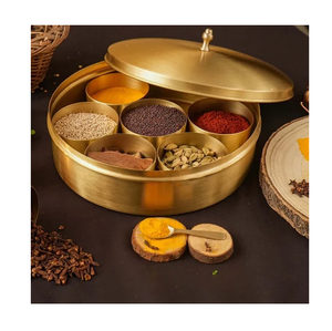 Premium <b>Iron</b> Masala Dabba Round Spice Storage Box with <b>7</b> Removable Containers Decorative Engraved Lid for Kitchen Organization - Product Image 2