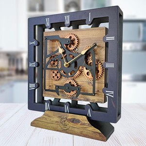 Horloge de bureau rectangulaire en bois recyclé artisanal de style industriel |   Engrenages en laiton vintage |   Vente en gros |   Aqudus Saleem AS-RVD008 - Product Image 3