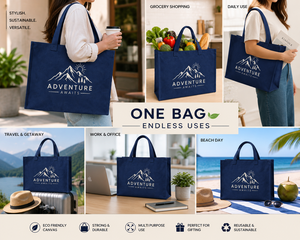 Sac fourre-tout en toile « L'aventure vous attend » grand format bleu marine avec motif montagne, sac de shopping pour usage quotidien avec poignée de transport - Product Image 3