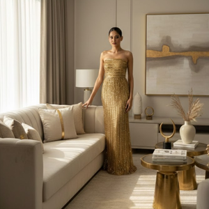 Luxury Gold <b>Sequin</b> Evening Gown for Women | Strapless High Slit Formal Party Dress Elegant Wedding Reception Prom Wear Fashion - Product Image 2