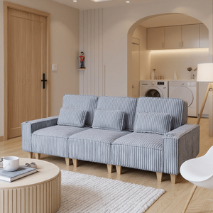 Divano Moderno a 3 Posti con Seduta Profonda in Velluto a Coste, Portabicchieri in Acciaio Inox Spazzolato e 3 Cuscini Decorativi per Soggiorno - Product Image 3