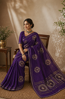 Saree Sutra Ungu India CHOHAN TEXTILE Bordir Emas Rumit Vintage Panjang Menyentuh Lantai Bebas Kerut untuk Pesta Pernikahan Pengantin