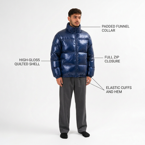 Chaqueta Acolchada Azul para Hombre, Cortavientos, Rellena de Plumón, Abrigo Casual de Invierno, Cuello Alto, Cierre de Cremallera Frontal, Corte Regular, Color Sólido - Product Image 5