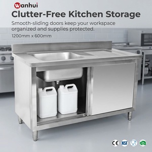 Wholesale Commercial <b>Kitchen</b> Equipment Stainless Steel Sink <b>Cabinet</b> with Sliding Doors and Single Bowl Drainboard Table - Product Image 1
