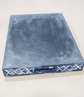 Bandeja Otomana Rectangular Multifuncional Hecha a Mano, Estilo Moderno Rústico, con Incrustaciones de Hueso Azul Marroquí, Diseño Floral Geométrico, para Ramadán