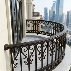 Rampe de balcon en fer forgé courbée et ornée, design complexe à motifs festonnés, clôture de terrasse extérieure classique, barre de sécurité en métal antirouille - Product Image 4