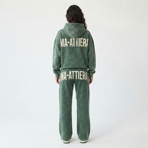 Conjunto de Sudadera Oversize Verde Lavado Personalizado y Pantalones Anchos de Felpa para Mujer, Chándal de Algodón, Venta al por Mayor OEM ODM - Product Image 2