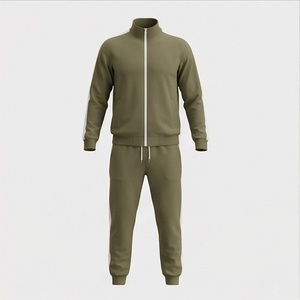 Men's Olive Green Tracksuit Full Zipper Stand Collar Casual Sportswear With Side Pockets Breathable Polyester Autumn Wear - Product Image 1