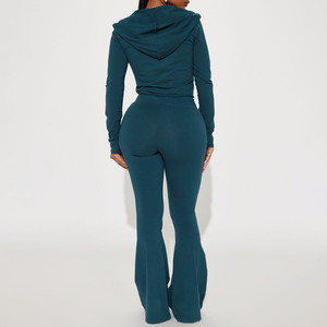 Breathable Cropped Women's 2 Piece Knitted Hooded Zipper <b>Top</b> With Flared Pants Solid Zinc Casual Set Full Sleeve Washed Set - Product Image 2