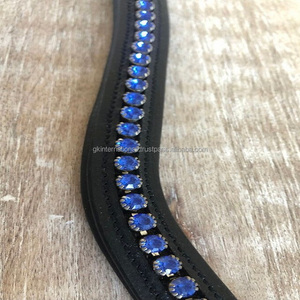 Banda de cuero genuino hecha a mano para cejas de caballo, con cadena de cristal azul ostentosa, canal vacío y banda acolchada para cejas - Product Image 3