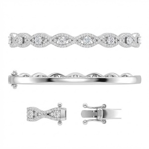 <b>Solid</b> 18k White <b>Gold</b> Natural Genuine Diamond Vintage Scalloped Edge Dainty Stackable Thin <b>Bangle</b> Hinged Luxury Fine Jewelry - Product Image 5