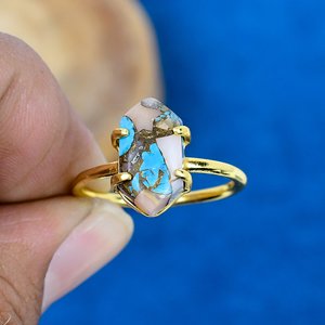 Natural Pink <b>Opal</b> Copper Turquoise Hexagon Shape Gemstone <b>Ring</b> 18k <b>Gold</b> Micron Over 925 Sterling Silver - Product Image 1
