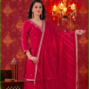 Conjunto Sharara Rojo Cereza con Dupatta Leheriya - Product Image 1