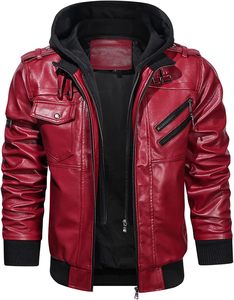 Men <b>Red</b> PU Leather Moto Biker <b>Jacket</b> Hooded Zipper Front Solid Color Autumn Slim Fit Regular Sleeve - Product Image 3