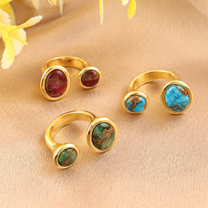 18k Gold Plated Copper Turquoise <b>Adjustable</b> <b>Ring</b> Solid Brass Double Stone Front Open <b>Rings</b> Unisex Daily Wear Wholesale Jewelry - Product Image 3