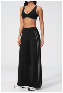 Black 2 Piece Yoga Set Deep V Neck Racerback <b>Crop</b> <b>Top</b> High Waist Flared Pants Side Stripe Contrast Binding Seamless Breathable - Product Image 4