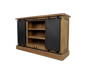 Rustic Solid Mango Wood Sideboard with Black <b>Metal</b> Sliding Doors and <b>Drawers</b> Modern Dining Room Storage Cabinet - Product Image 4