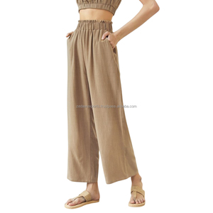 Pantalon large en lin à rayures blanches de Style classique pour femmes 100% lin respirant ODM saison d'été - Product Image 3