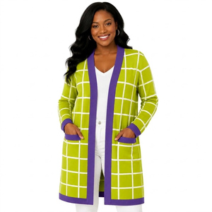 <b>Women</b> <b>Long</b> Sleeve Plaid Knit <b>Cardigan</b> O-Neck Open Front Casual Winter Wear 100% Acrylic Anti-Pilling Pockets - Product Image 4