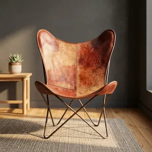 Vintage Brown Butterfly Leather <b>Chair</b> with Iron Frame Rustic Accent Lounge <b>Chair</b> for <b>Living</b> <b>Room</b> - Product Image 2