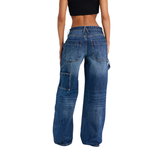 Vaqueros Cargo de Mujer de Talle Medio, Pierna Ancha, Transpirables, Azul Lavado, con Bolsillos Utilitarios, Estilo Casual Urbano, Ajuste Holgado, Moda Otoño - Product Image 2